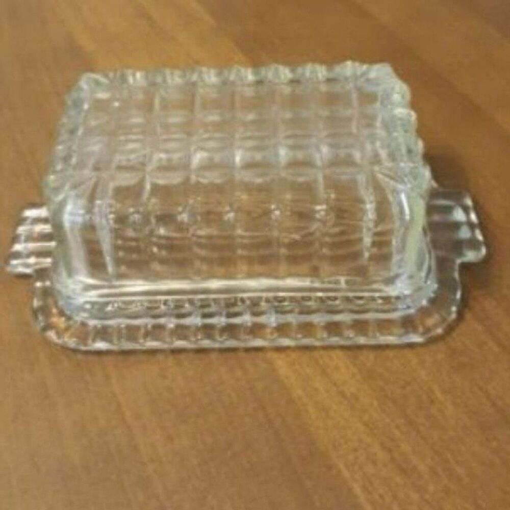 Vintage Butter Dish Clear Glass Cube Pattern Set Chipped